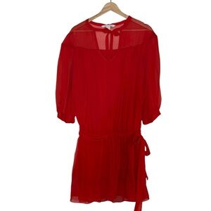 Diane Von Furstenberg 100% Silk Sheer Red Tie Waist Mini Tunic Dress Size 8 Tie